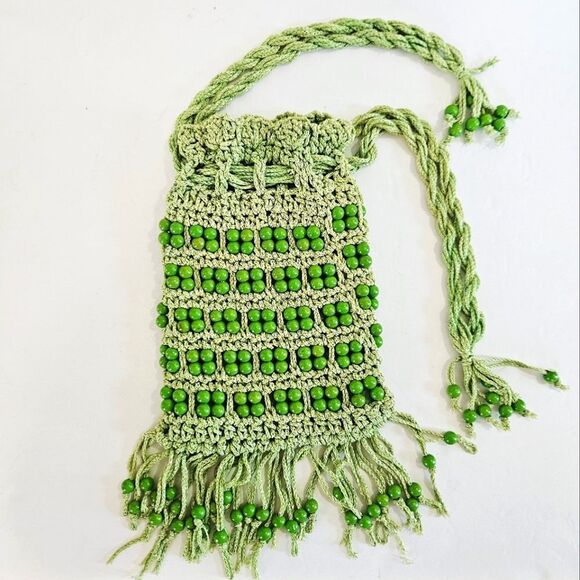 Walborg Handbags - Vintage Walborg 1960's Green Wood Beaded Tasseled Crochet Cinch Top Bag Purse